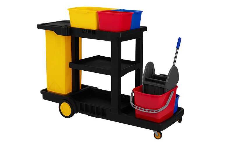 Multifunction Janitor Cart Black With yellow bag and lid