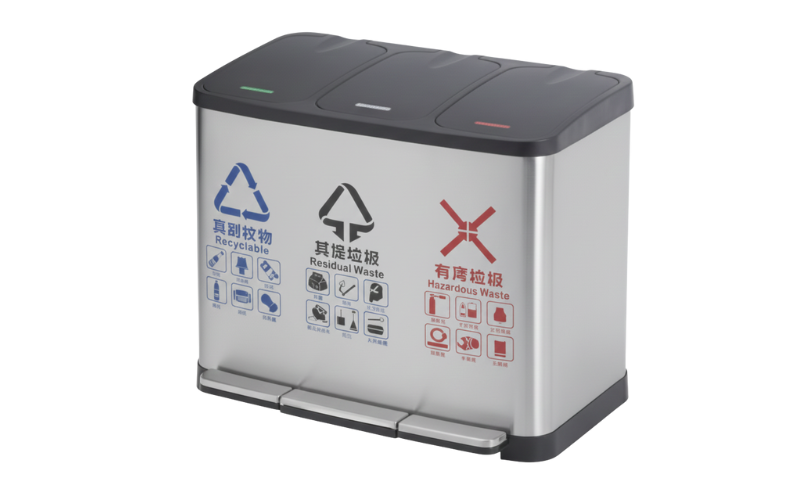 3 IN 1 SS RECTANGULAR RECYCLE BIN WITH PEDAL 45LTR